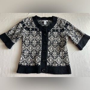 Jillian Jones Black & White Geometric Knit Short Sleeve Wool Cardigan Sz S